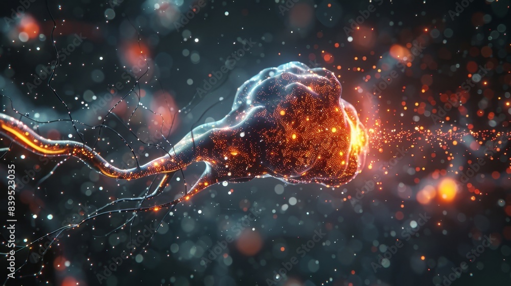 Poster magnified view of a neuron receiving a burst of neurotransmitters from a synapse