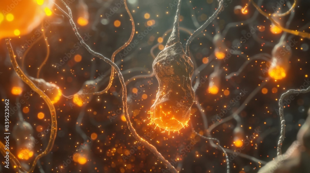 Poster ultracloseup view of neurotransmitter molecules diffusing across the synaptic cleft towards their ta