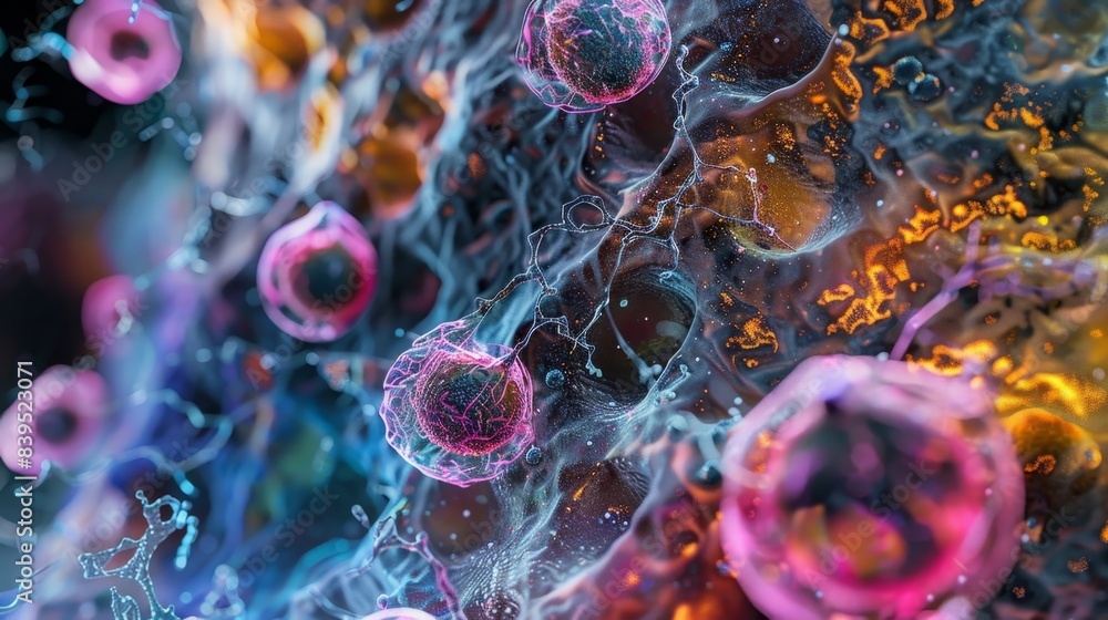 Poster a microscopic view of a glandular network with multiple endocrine cells actively secreting hormones