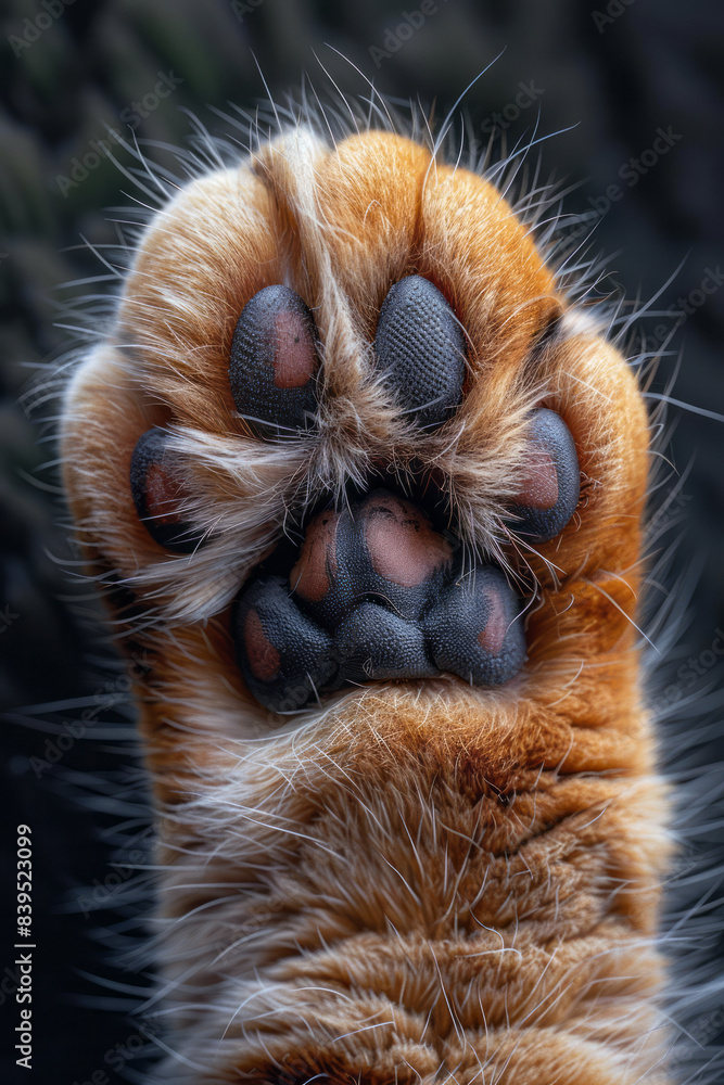 Poster a detailed image of a maine coon cat paw with tufted fur and large pads, showcasing the fluffy textu