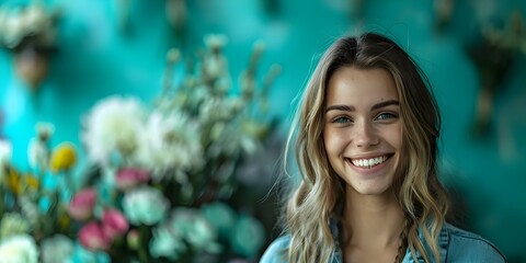 Closeup of joyful woman florist in shop cropped image. Concept Closeup Photography, Woman Florist, Flower Shop, Cropped Image, Joyful Expression