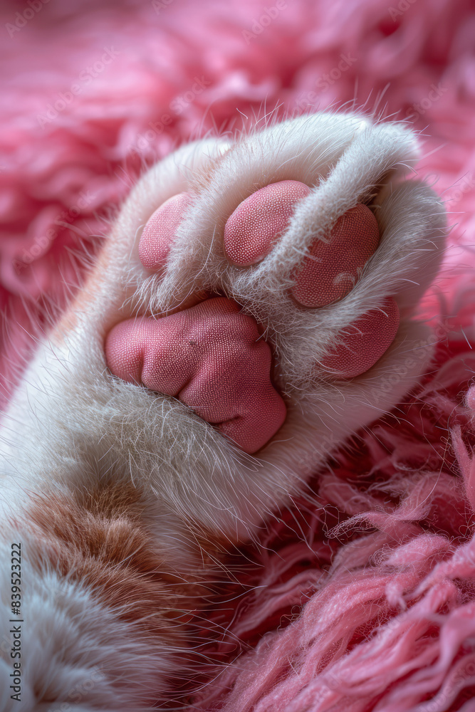 Poster a detailed image of a devon rex cat paw with curly fur and pink pads, showcasing the unique fur text