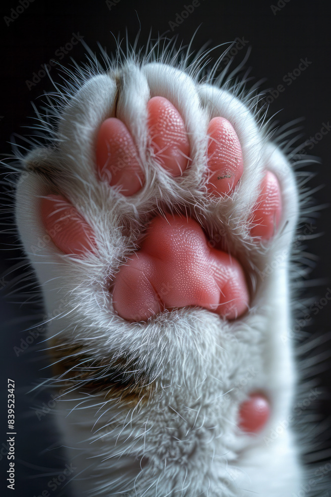 Poster a detailed image of a manx cat paw with short fur and pink pads, showcasing the simplicity and charm