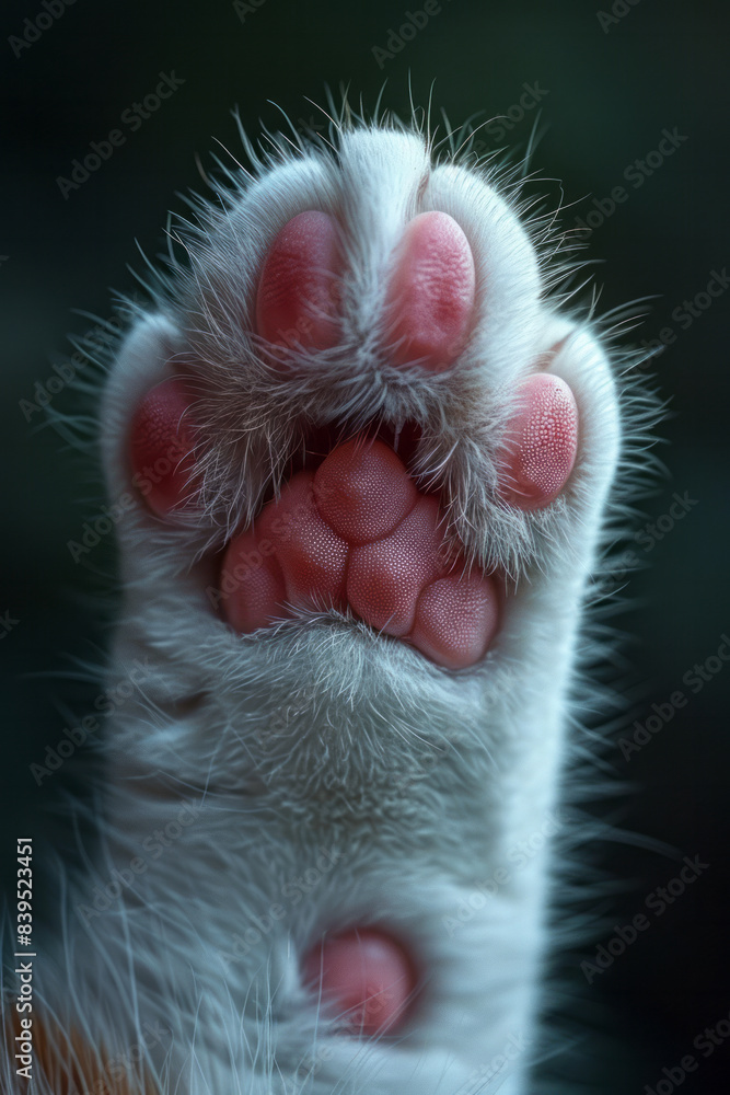 Poster a detailed image of a manx cat paw with short fur and pink pads, showcasing the simplicity and charm