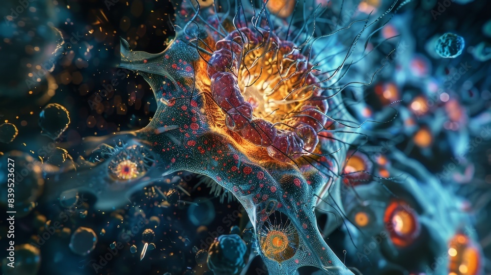 Poster an image of a megakaryocyte a large cell responsible for producing platelets surrounded by developin