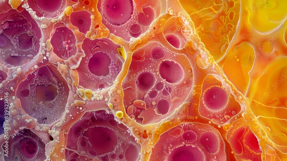 Poster a section of bone marrow tissue showing the unique spatial organization of red and yellow marrow res