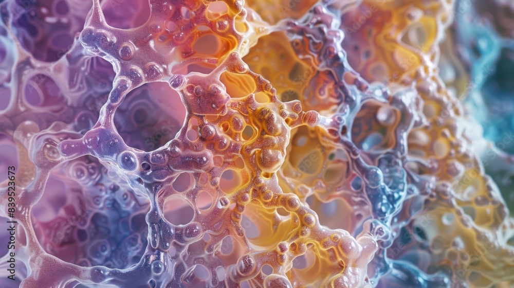 Poster a slice of bone marrow tissue revealing the complex and dynamic interplay between different types of