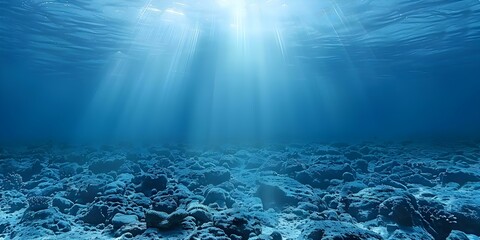 Deep blue ocean water with sunlight illuminating rocky seabed stunning underwater view. Concept Underwater Photography, Ocean Beauty, Sunlit Seabed, Deep Blue Water, Rocky Ocean Floor