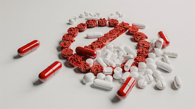 3D render of a narcotics anonymous symbol with pills, isolated on white background