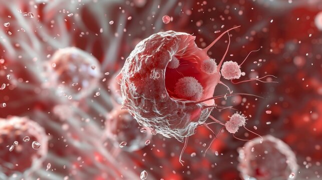 A detailed view of a neutrophil a type of white cell in the process of engulfing and destroying a bacterium in the bone marrow