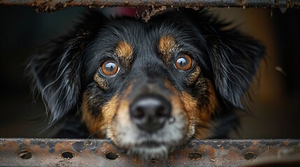 Portrait of sad dog in shelter behind fence waiting to be rescued and adopted to new home