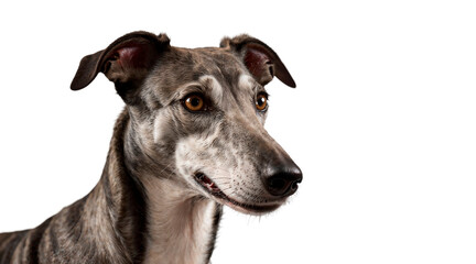 A gray and white Greyhound breed dog with a black nose and brown eyes.