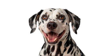 A happy Dalmatian dog with a black and white coat.