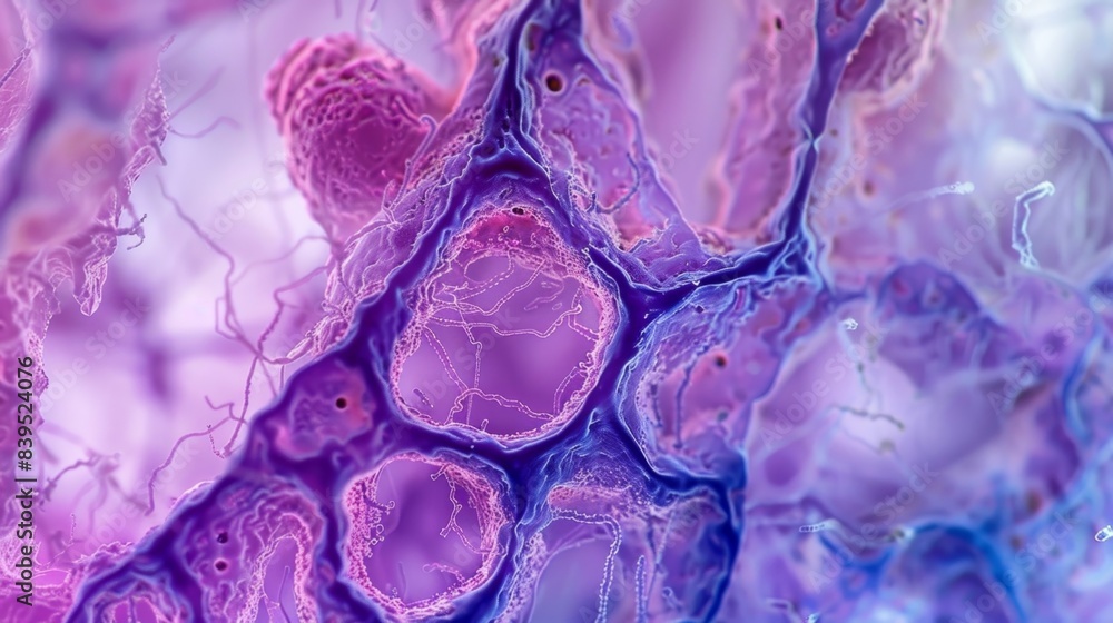 Poster a microscopic view of a thyroid follicle revealing s of thyroid cells with intricate networks of mic