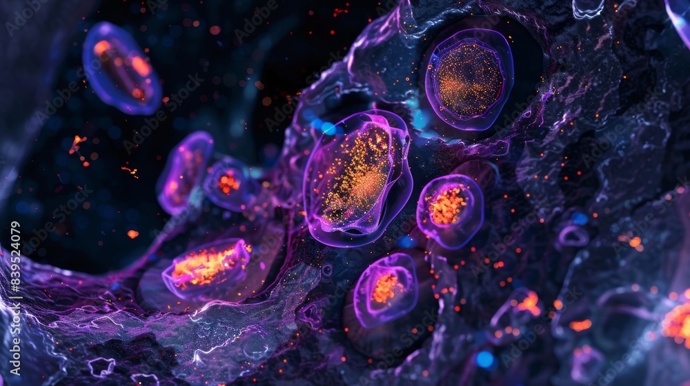 Poster a microscopic image of an organoid model of thyroid cells mimicking the natural organization and fun