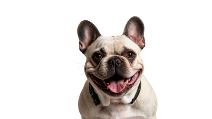 A happy Bulldog dog with a black collar smiles