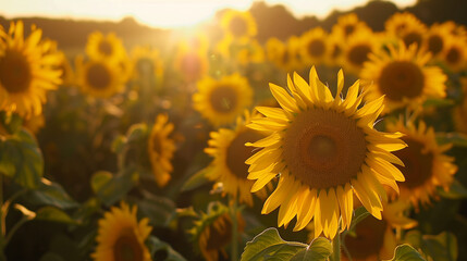 Sunflowers blooming in a sunny field with a scenic backdrop