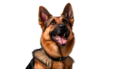 A German Shepherd dog with black and brown fur smiles and has its mouth open.