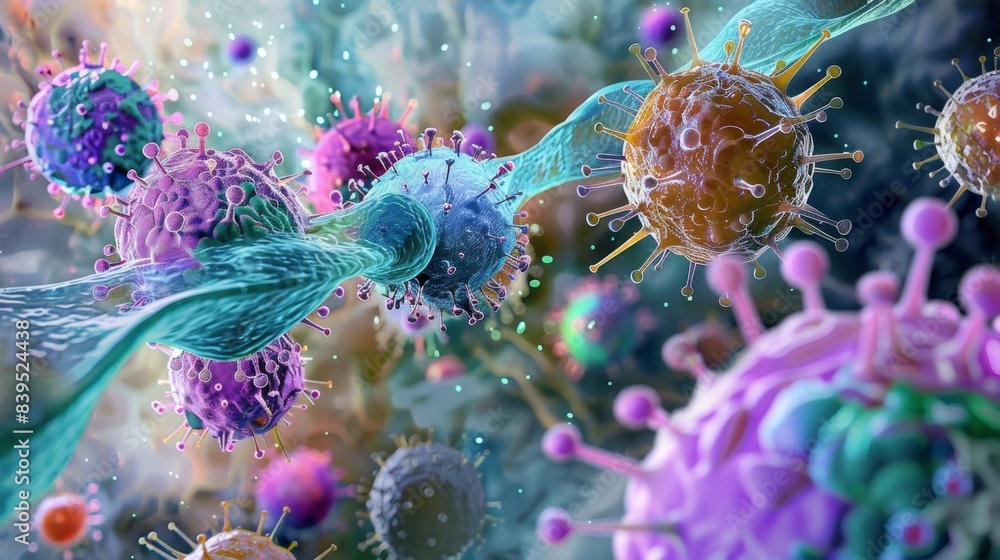 Poster a detailed composite image showing mast cells and their granules with specific colors indicating the