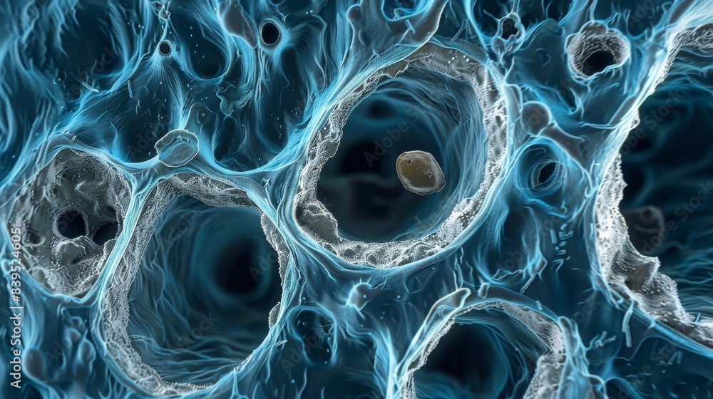Poster scanning electron microscopy image of nuclear pores showcasing their distinct positioning and organi