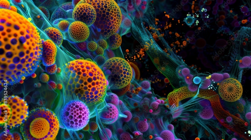Poster a colorful fluorescence microscopy image of nuclear pores indicating the dynamic movement of molecul
