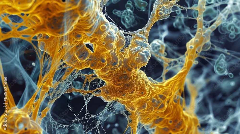 Poster an electron microscope image shows the intricate network of collagen fibers in the inner ear respons