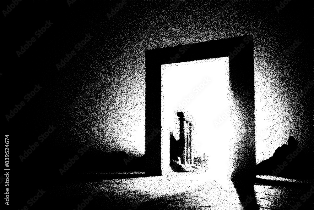 Poster Ancient ruins in sci-fi scene with dotwork retro style. Mysterious gate debris with dramatic lights and retro texture