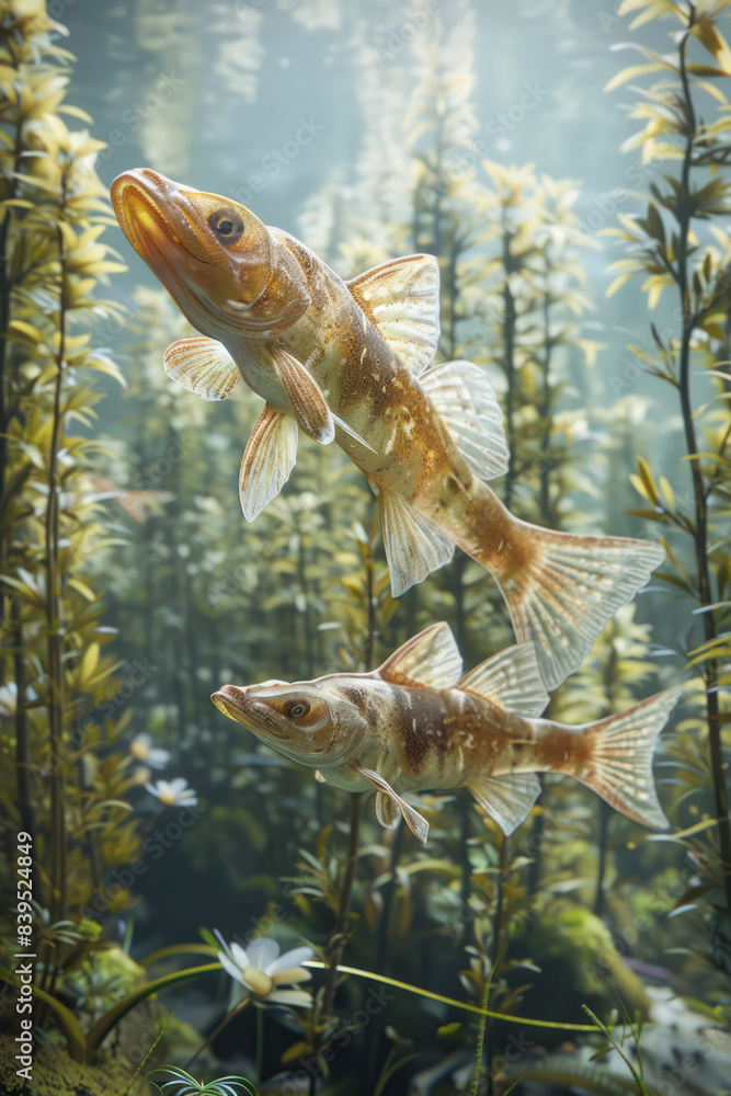 Aufkleber A visual of the first jawed fish, placoderms, swimming in ancient waters during the Devonian period,