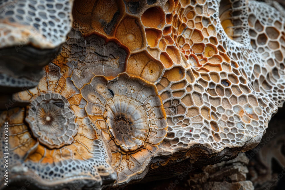 Aufkleber A close-up of fossilized coral from the Paleozoic, highlighting the intricate patterns and textures,