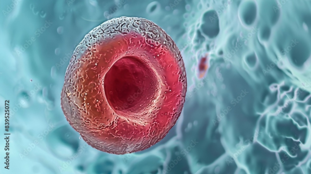 Poster a detailed view of a developing erythrocyte with the characteristic indented shape and absence of a 