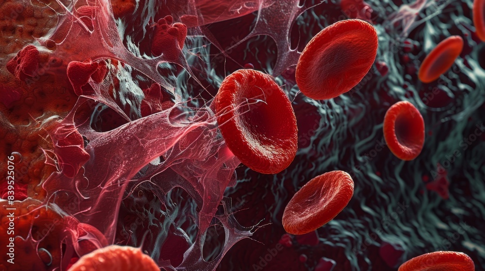 Poster a microscopic image of a developing erythrocyte in the midst of hemoglobin synthesis showcasing the 
