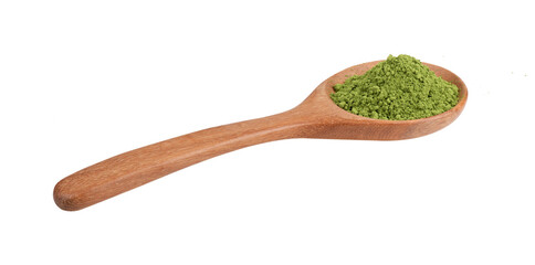 matcha green tea powder in wood spoon on transparent png