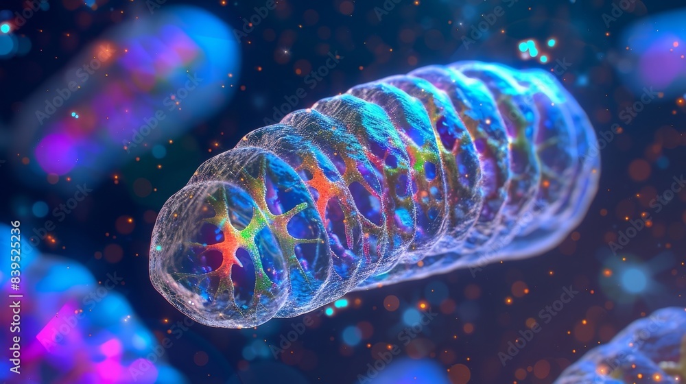 Aufkleber zoomedin view of a mitochondria cell with its dna strands appearing as brightly colored lines repres