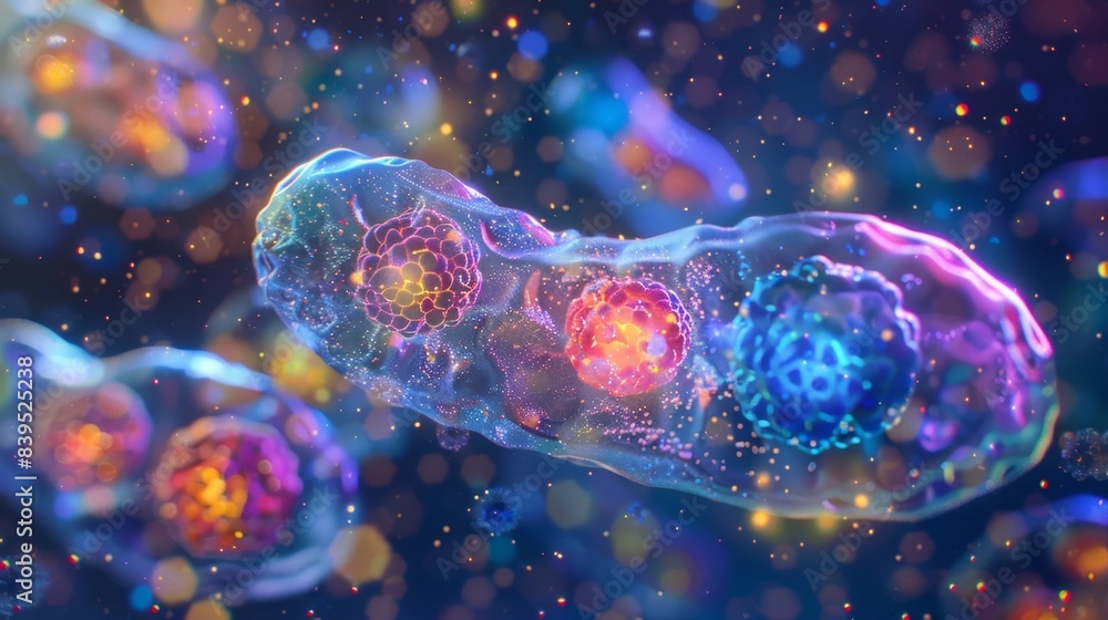 Poster focusing on a single cell we can see the presence of large rounded structures known as mitochondria 