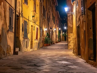 Fototapeta premium Capturing the timeless allure of an old street at night, aglow with warm streetlights and flanked by historic buildings in a wide shot