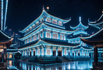 Fototapeta premium a chinese temple lit up at night in singapore