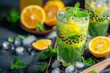 Fototapeta premium Mint lemon bubble tea in glass