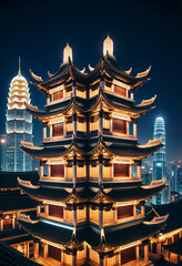 a chinese pagoda in the middle of a city at night