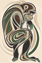 minimalist illustration of a monkey in a contemplative pose, rendered in abstract, swirling patterns of green, brown, and beige.