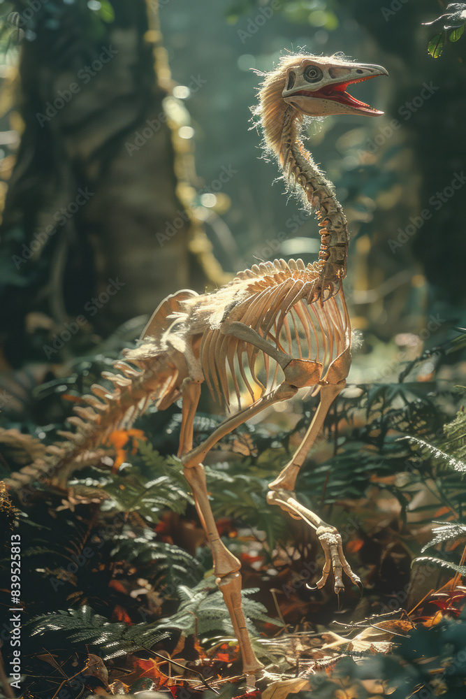Poster a detailed display of a velociraptor skeleton in a dynamic, hunting pose,