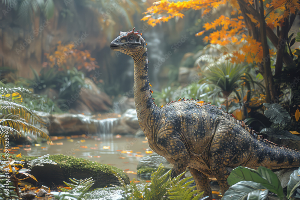 Poster a vr exhibit allowing visitors to experience a day in the life of a dinosaur in a prehistoric ecosys