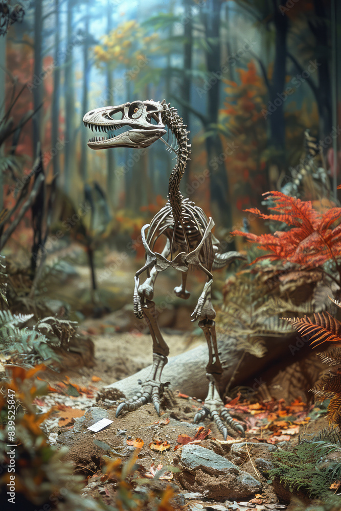 Poster a detailed display of a velociraptor skeleton in a dynamic, hunting pose,