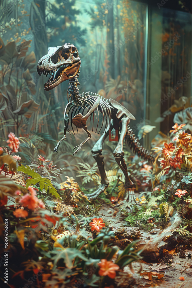 Poster a detailed display of a velociraptor skeleton in a dynamic, hunting pose,