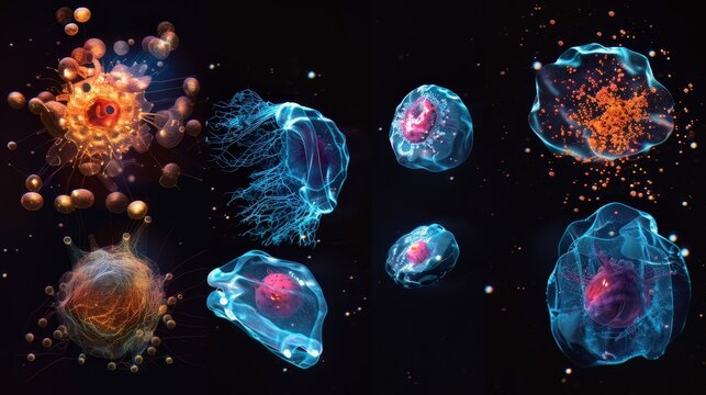 A series of timelapse images showing the gradual shrinkage of an apoptotic cell and eventual disintegration into apoptotic bodies