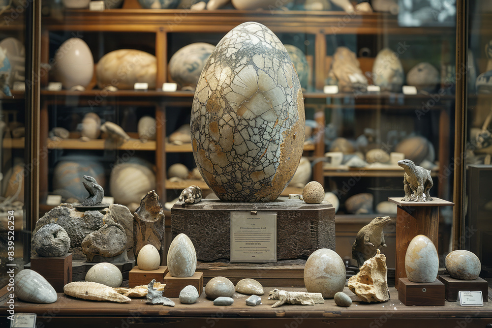 Poster a display case featuring rare and unique fossils, such as a perfectly preserved dinosaur egg,