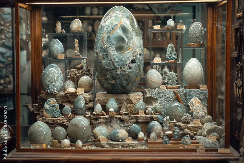 Aufkleber a display case featuring rare and unique fossils, such as a perfectly preserved dinosaur egg,