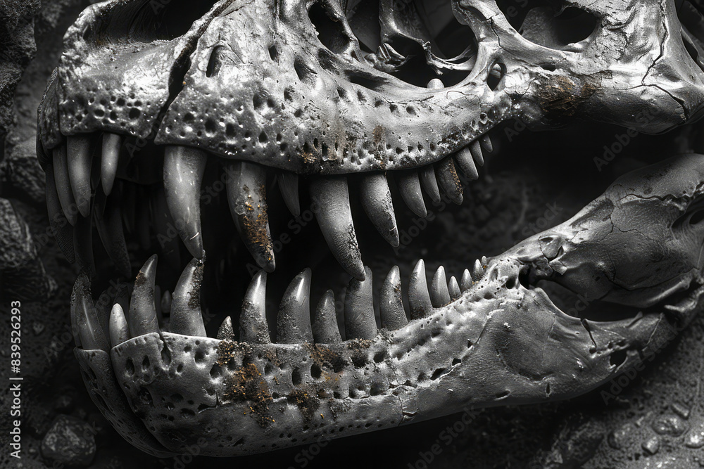 Poster a close-up of a t-rex skull, showing the sharp teeth and powerful jaw structure,