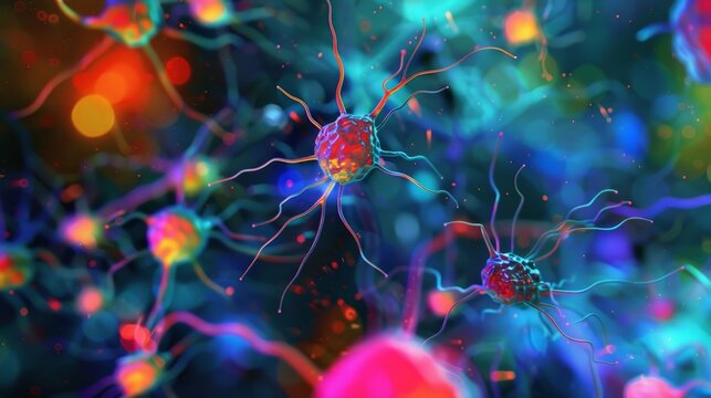 Vibrant fluorescent microscopy image showing the active movement of microglia in response to brain injury