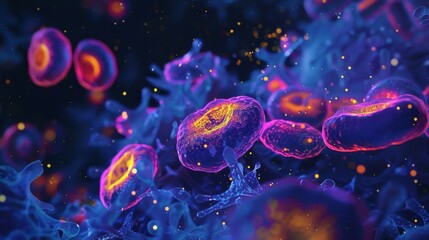 Obraz premium A fluorescence microscopy image showing the release of CO2 as a byproduct of the citric acid cycle in cellular respiration