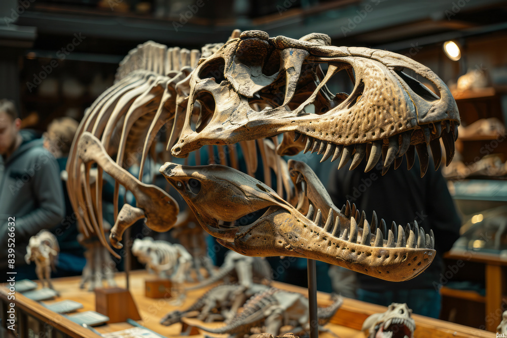 Poster a touch-and-feel exhibit with replicas of dinosaur bones, allowing visitors to handle and examine th